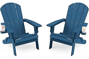 YEFU Adirondack Chair Set of 2, Folding Oversized Plastic Adirondack Chair with Cup Holder, Lawn Chair with Weather Resistant for Outdoor Deck Garden, Weight Capacity Up to 400 Lbs–Navy