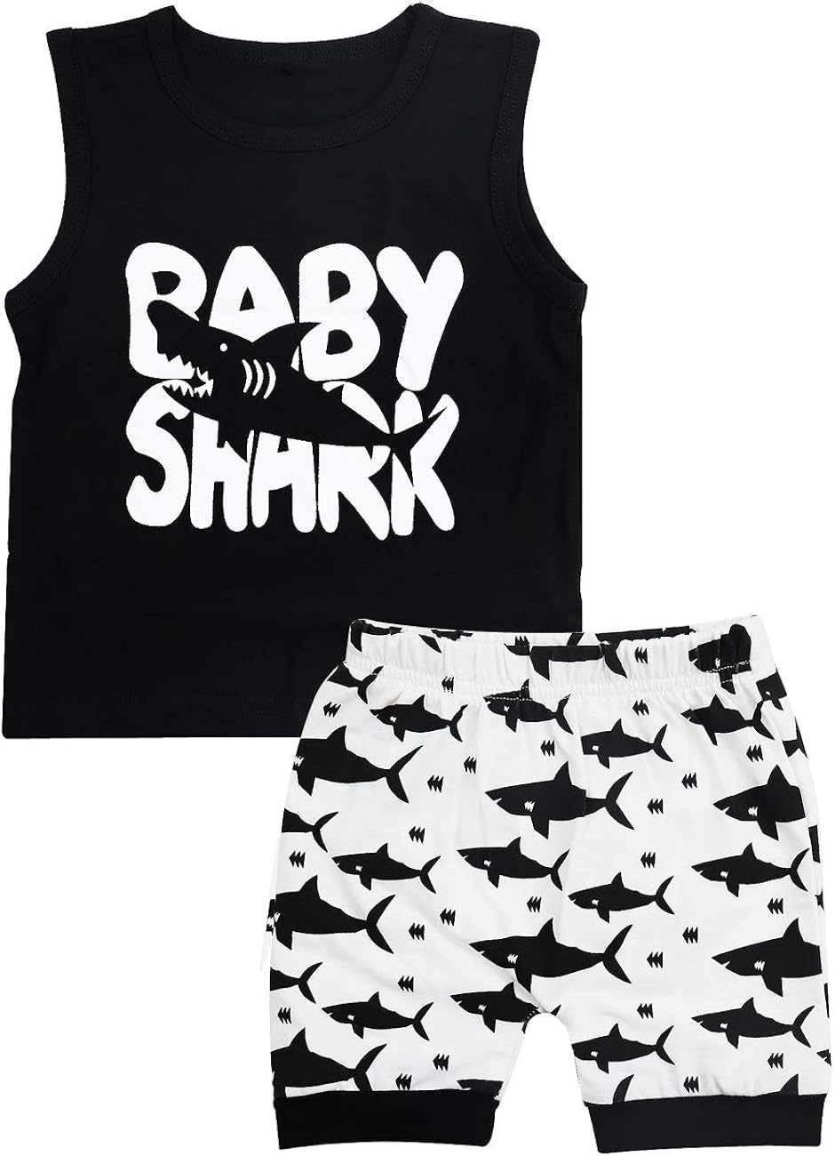 Baby Boy Clothes Shark and Doo Doo Doo Print Summer Cotton Sleeveless Outfits Set Tops + Short Pants
