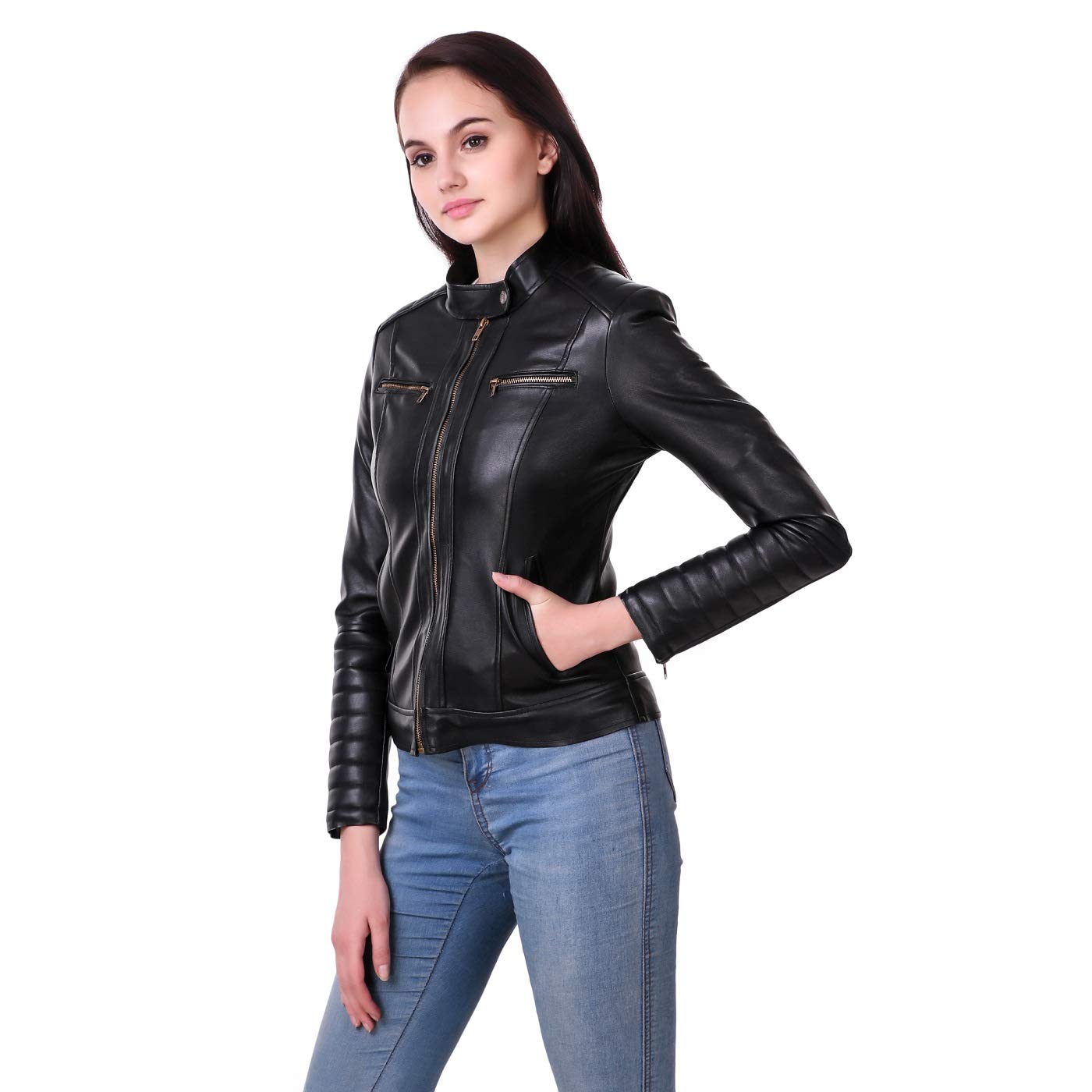 leather retail woman black color faux leather jacket