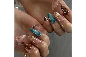 ASABITE Almond Press on Nails, Reusable Artificial Acrylic Medium French Tip Fake Nails with Glue and Brown Leopard Pattern Design for Women, 24 Pcs