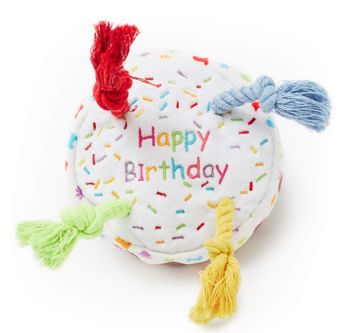 Pet London Dog Birthday Cake Squeaky Soft Plush Toy with Rope Candles in Fun Happy Bright Colours - Celebrate Your Dog's Happy Birthday - Plush Rainbow Pattern Dog Party Bday or Adoption Gift (Large)
