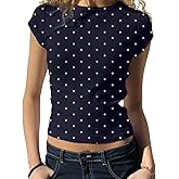 BAIGRAM Women Cute Polka Dot Jersey Short Sleeve Crop Tshirt Y2K Aesthetic Teen Round Neck Slim Baby Tee Shirt Going Out Tops
