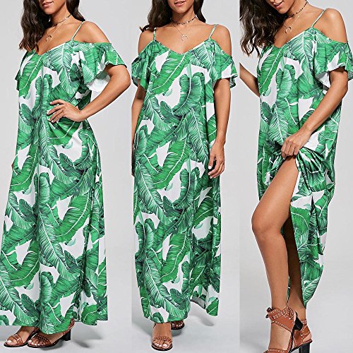 Mysky Summer Women Casual Leaf Print Short Sleeve Long Dress Ladies Popular Off The Shoulder Beach Sling Loose Dress Green
