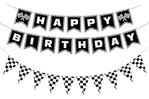 AUDOLOKU 2pcs Race Car Happy Birthday Banner, Black and White Checkered Flag Racing Happy Birthday Banner with Checkered Flags Race Car Birthday Party Decorations for Baby Shower Home Decorations