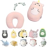 stocaggio Kids Travel Pillow - 2-in-1 Deformable Kids Neck Pillow for Traveling, Soft U-Shaped Pillow with Adorable Animal De
