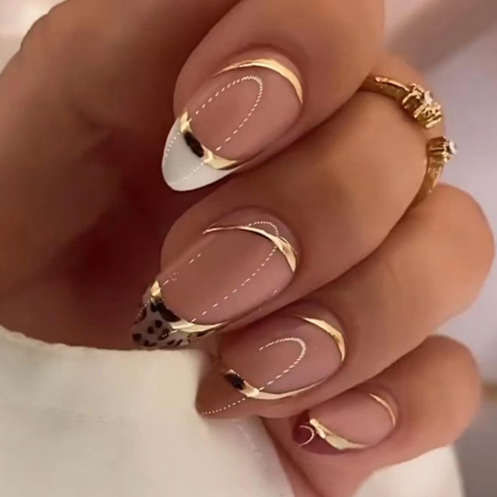 JUSTOTRY 24 Pcs Leopard Stiletto Press on Nails Short Designs,Brown False Nails Oval,French Almond Stick on Nails for Women and Teens,Gold Swirl Fake Nail for Nail Art — image 1