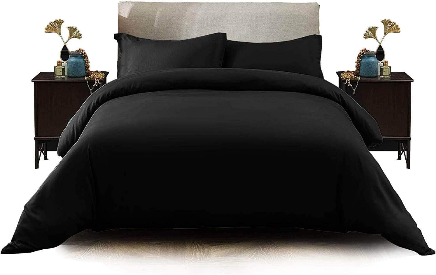 AMEHA King Size Duvet Cover Sets Plain Dyed Quilt Bedding with Pillowcases Soft Breathable Microfibre Bed Set Black