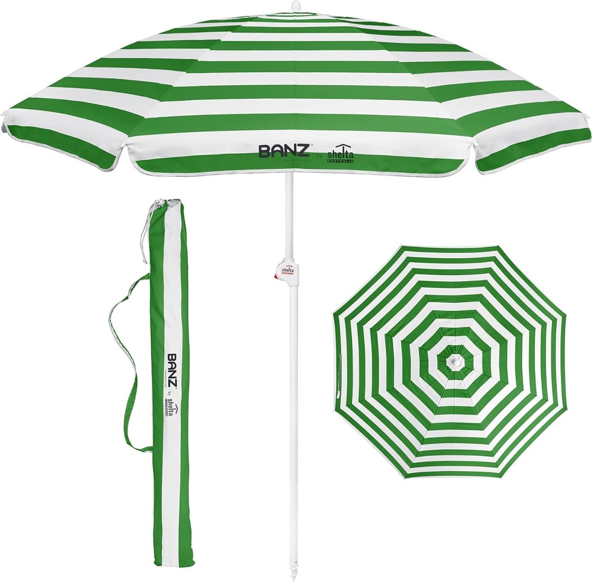 Banz Shelta Noosa Beach Umbrella, Blue and White Striped (Emerald/White Stripe)