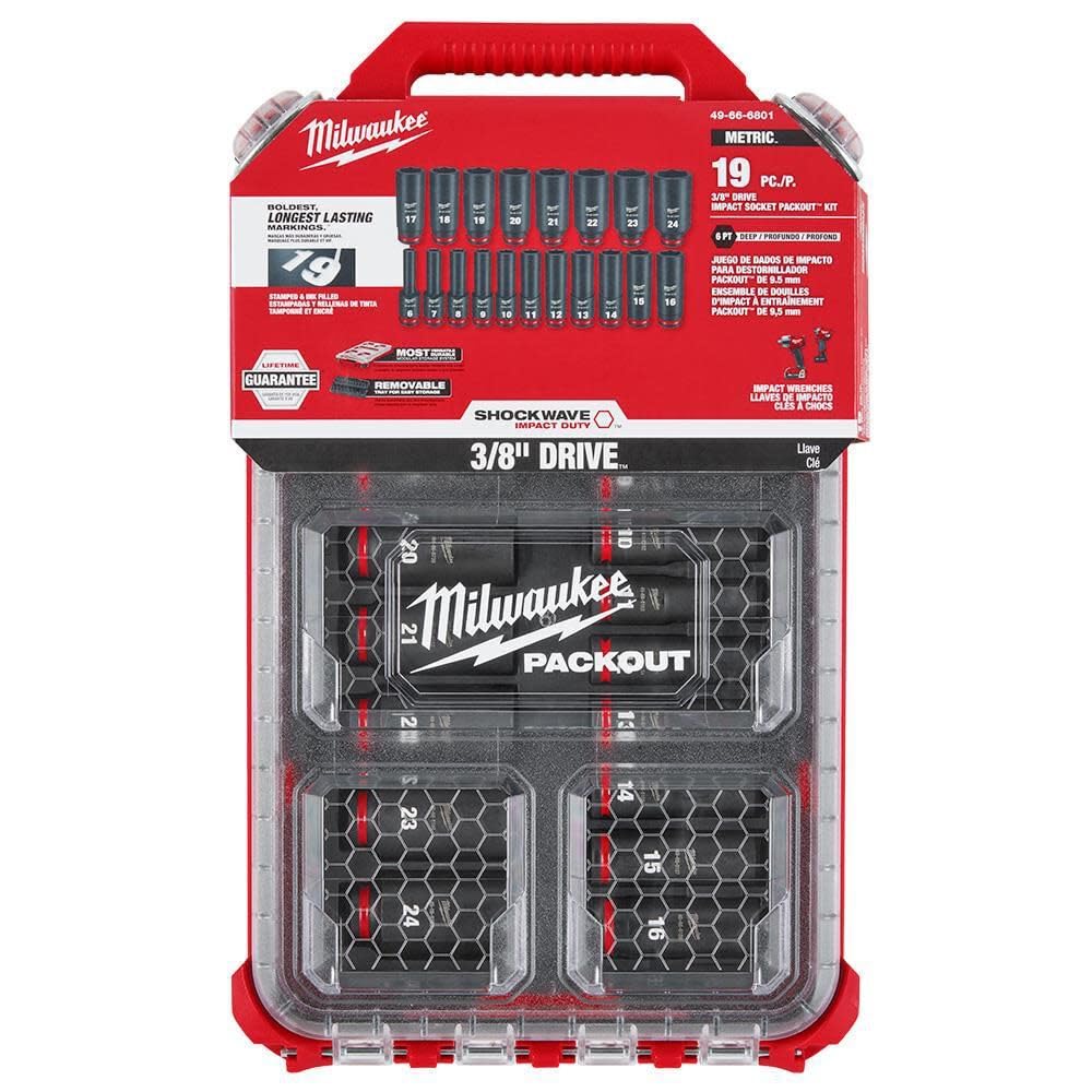 Milwaukee 4932480946 3/8 Drive Packout Deep Impact Shockwave Socket Set 19 Piece