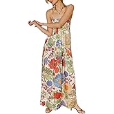 Women Boho Floral Maxi Dresses Smocked Backless Flowy Long Summer Sundress Vintage Spaghetti Strap Tiered Midi Dress