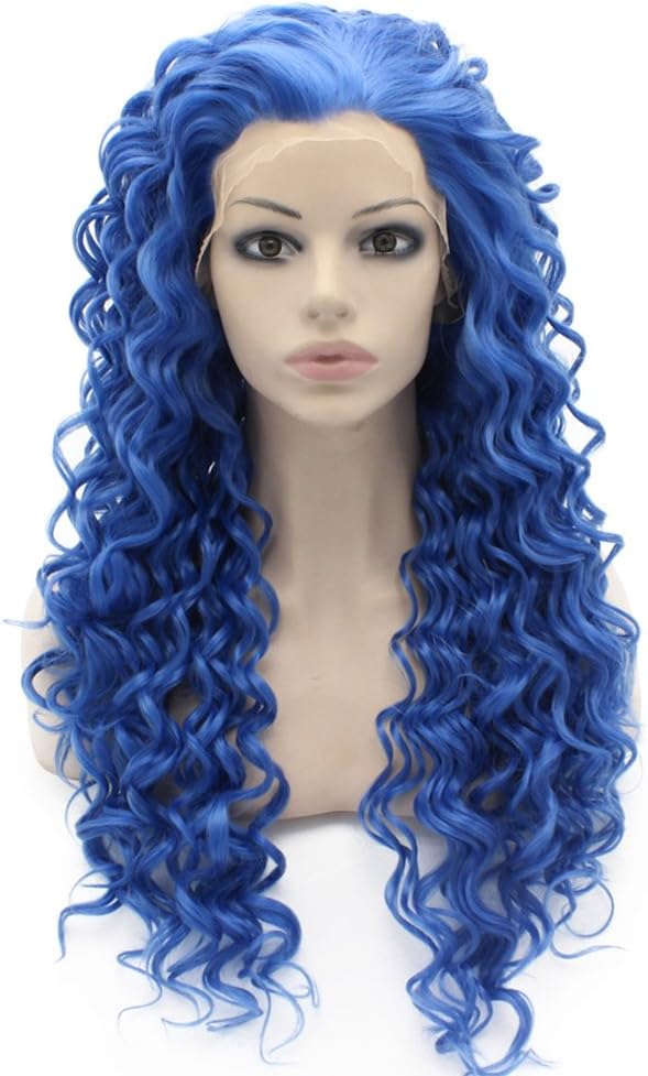 Long Curly Blue Synthetic Lace Front Cosplay Party Wig