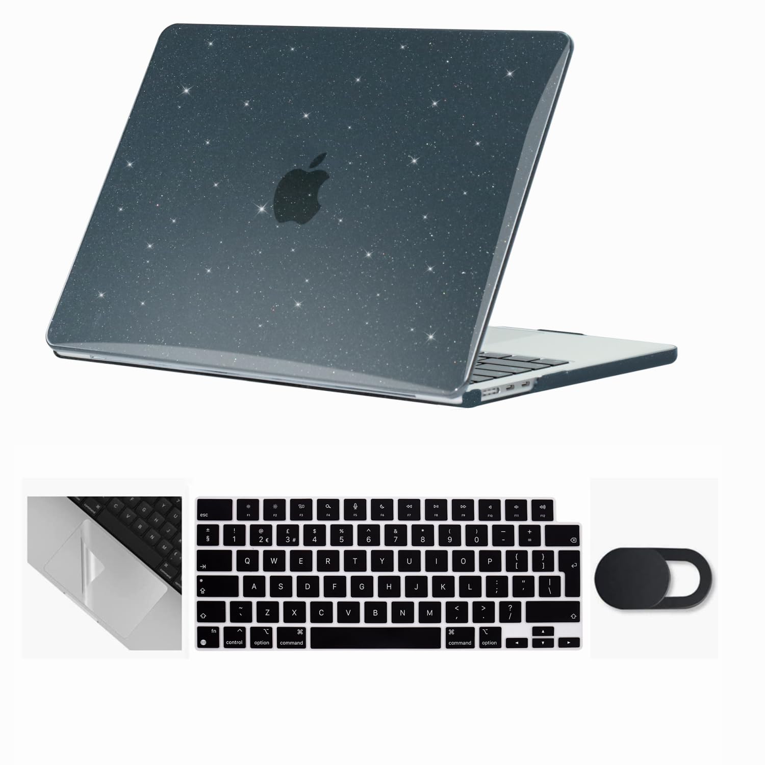 Se7enline Compatible with Best MacBook Air Case 15 inch 2025 2024 2023 M4 M3 M2 A2941/A3114/A3241 Crystal Glitter Bling Laptop Hard Shell Case & Keyboard Skin & Touchpad Protector & Webcam Cover,Black