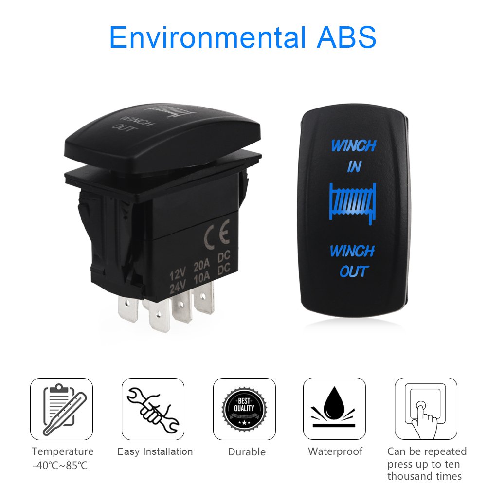 WATERWICH 7 pin Momentary Winch In Out Rocker Toggle Switch Waterproof DC 20A 12V/10A 24V Black Shell/ON-OFF-ON DPDT illuminated Rocker Switch For Auto Truck Boat Marine Off Road (Green)