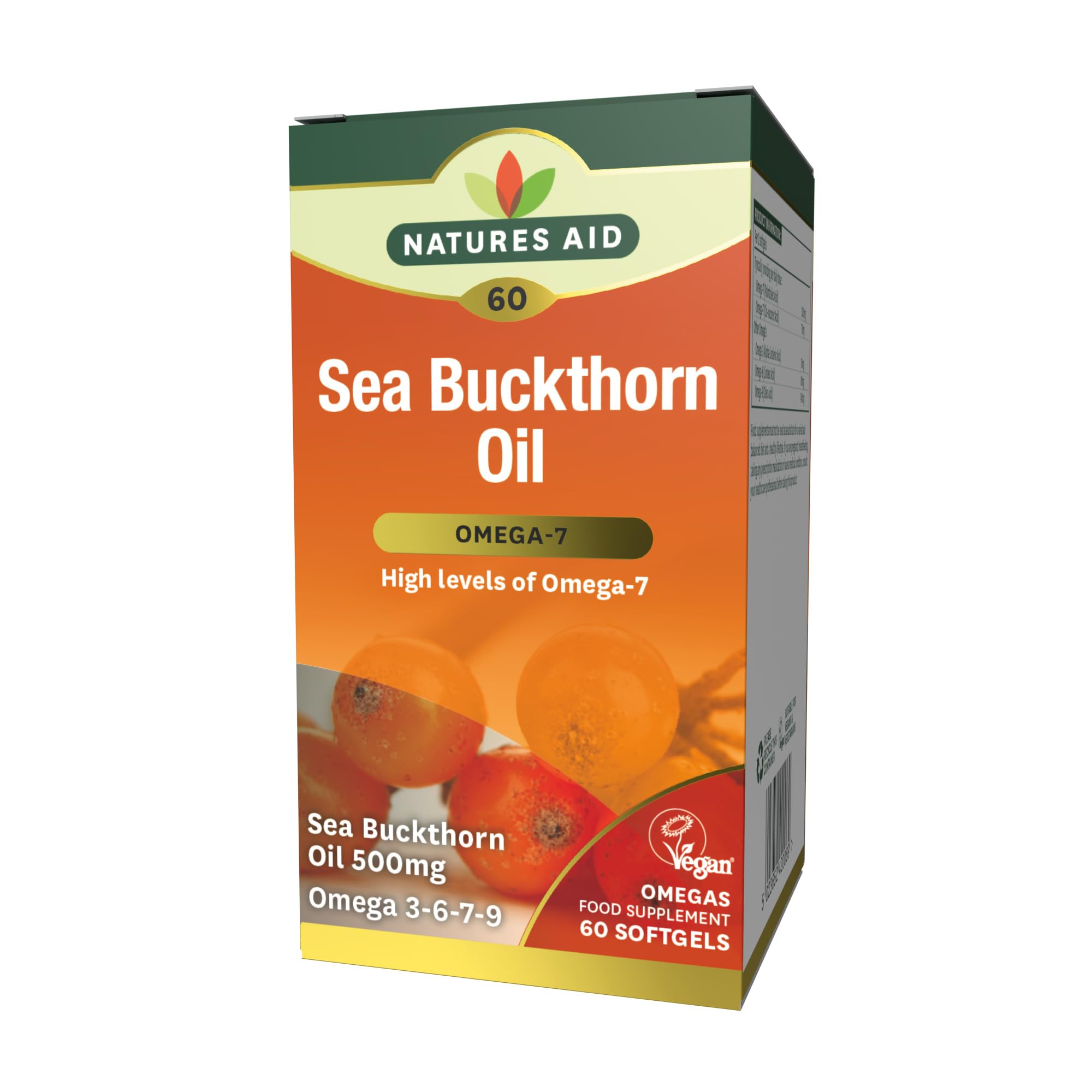 Natures Aid Sea Buckthorn Oil 500mg – Omega-7 High Strength – Supports Skin, Immune & Heart Health – Antioxidant Vegan Supplement – Non-GMO, Gluten-Free – 60 Softgels