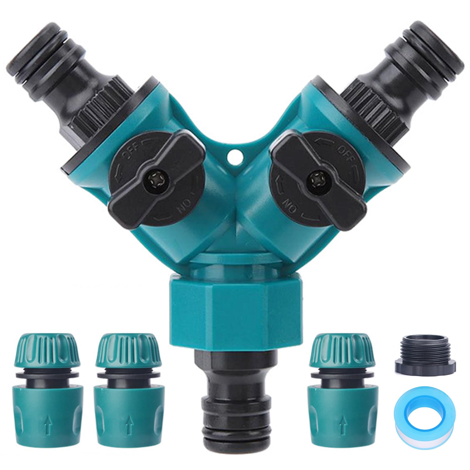 YUANBAO Garden Hose Splitter 2 Way, Y Water Tap Splitter with Individual ON-Off Valves, 3 Way Hose Connector, PTFE Tape, 3pcs 1/2 Inch Hose End Quick Connectors