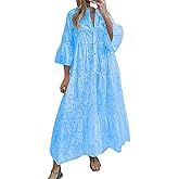 ThCreasa Womens V Neck Eyelet Embroidery Maxi Dresses Lace 3/4 Trumpet Sleeve Button Hollow Tiered Swing Long Dress