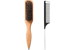 Boar Bristle Slick Back Hair Brush & Rat Tail Comb Set - 100% Natural Bristle Wooden Styling Brush for Frizz Control & Shine 
