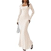 MITILLY Women Bodycon Maxi Dress Elegant Square Neck Long Sleeve Floral Lace Sexy Wedding Guest Cocktail Long Dresses New
