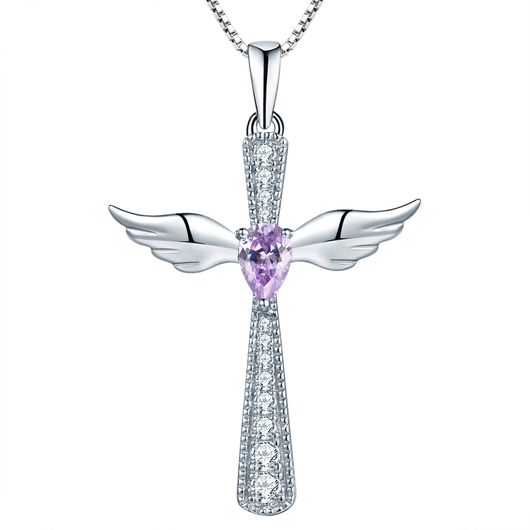 YL Cross Angel Wing Necklace 925 Sterling Silver June Birthstone Alexandrite Cubic Zirconia Guardian Angel Pendant Necklace for Women