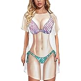 Kasopp Women's Funny Bikini Beach Cover Up Shirt Short Sleeve Baggy Mermaid Body Print Party Swimsuit Cover-Up Dress
