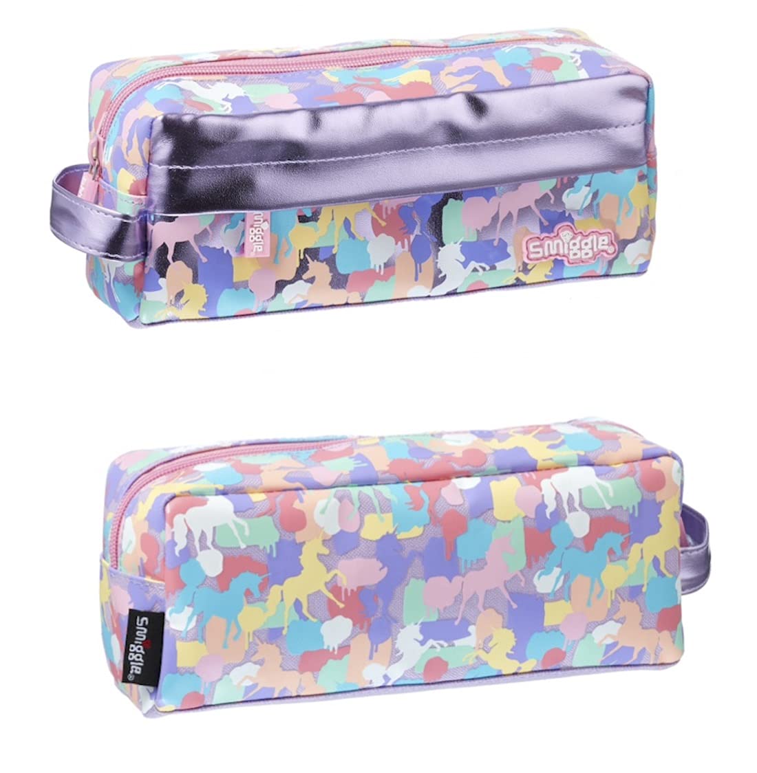 Smiggle Soft Two Pocket Pencil Case ('Illusion' Pink/Lilac Unicorns)