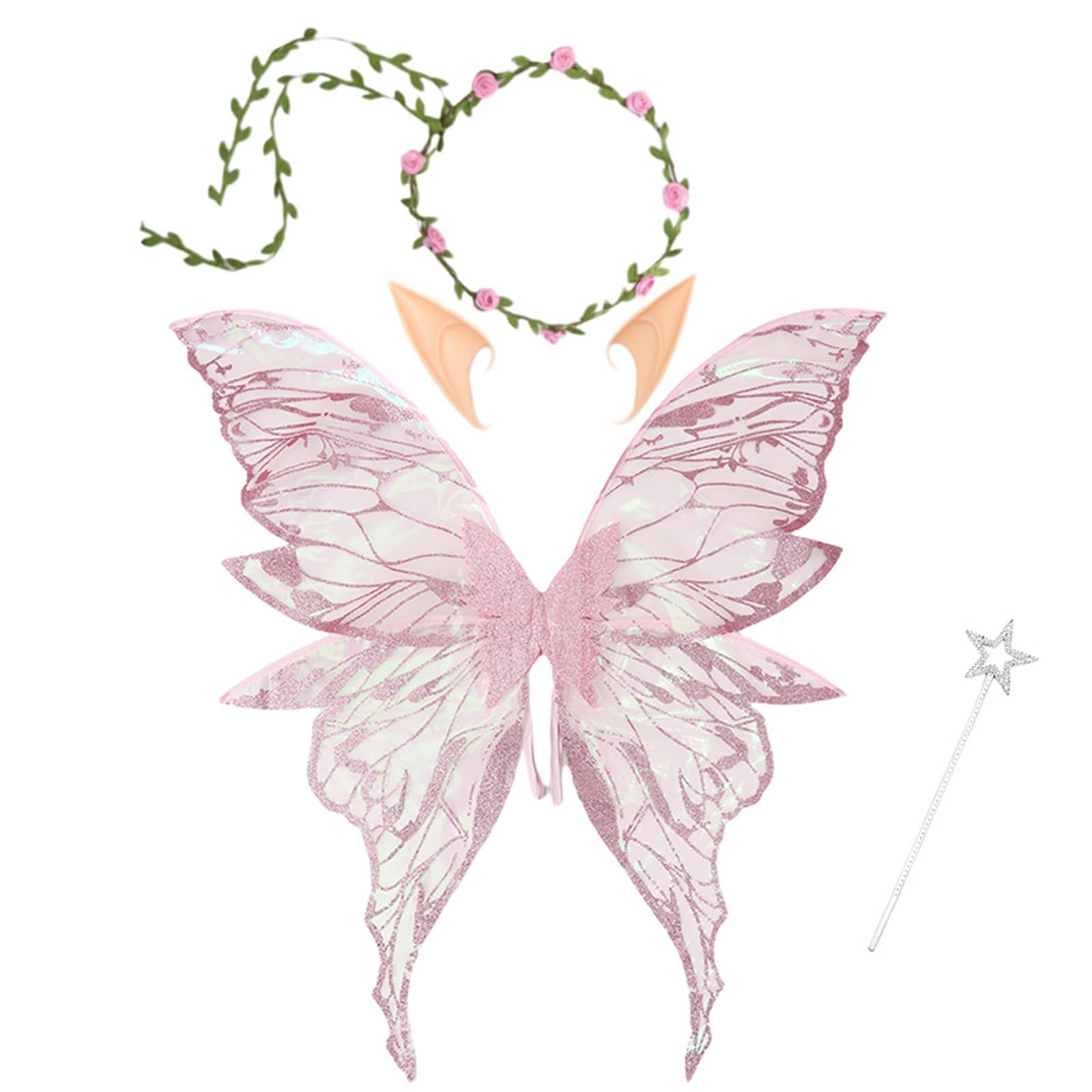 ESSECMBS 4pcs Halloween Fairy Wings Set for Girls Women Butterfly Wings Elf Ears Magic Wand Flower Headband for Cosplay (Pink, 80cmx75cm)