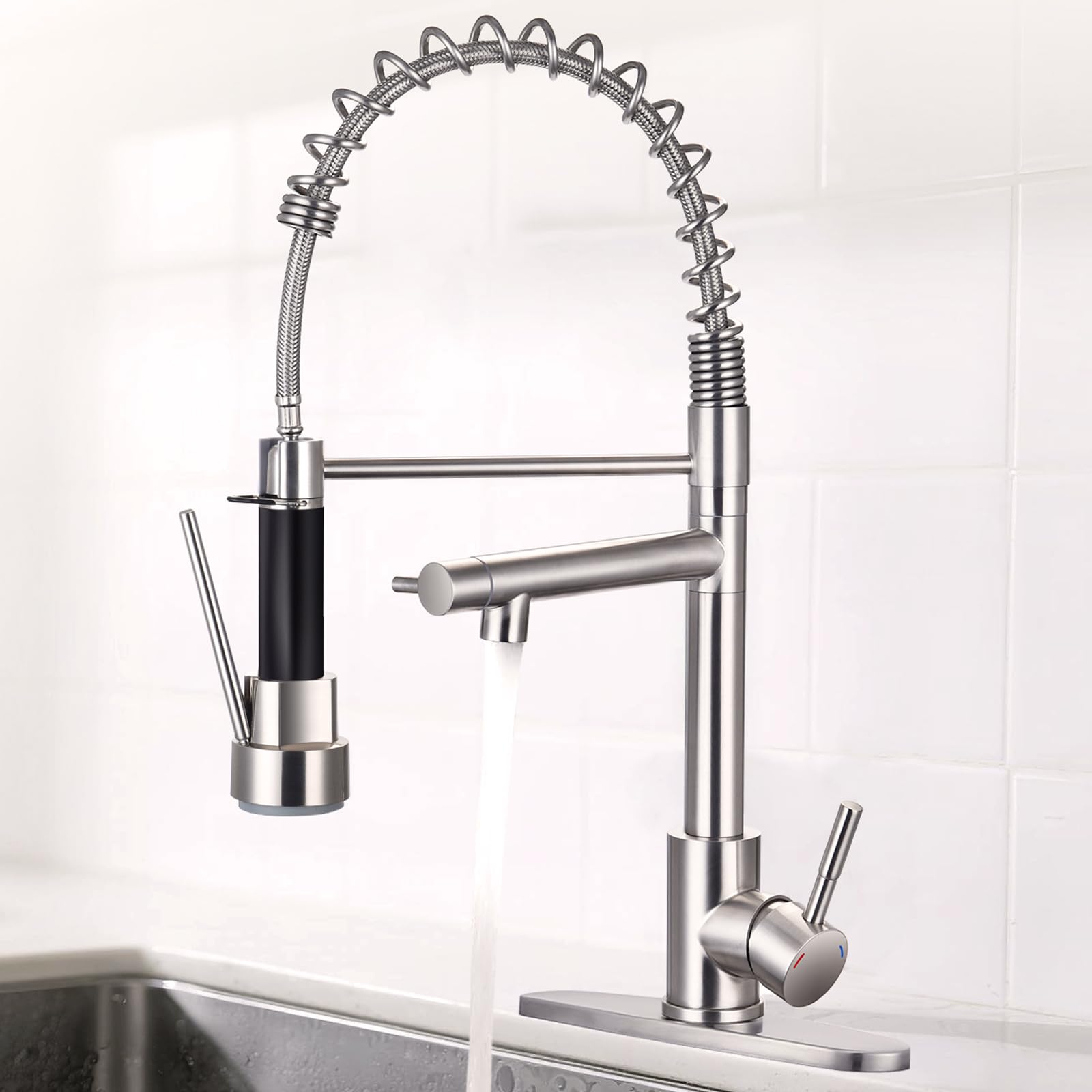 Photo 1 of feelogos Kitchen Faucet with Pull Down Lock Sprayer, Single Handle High Pressure Brushed Nickel Kitchen Faucet, Double-Headed Spring Stainless Steel Kitchen Sink Faucets