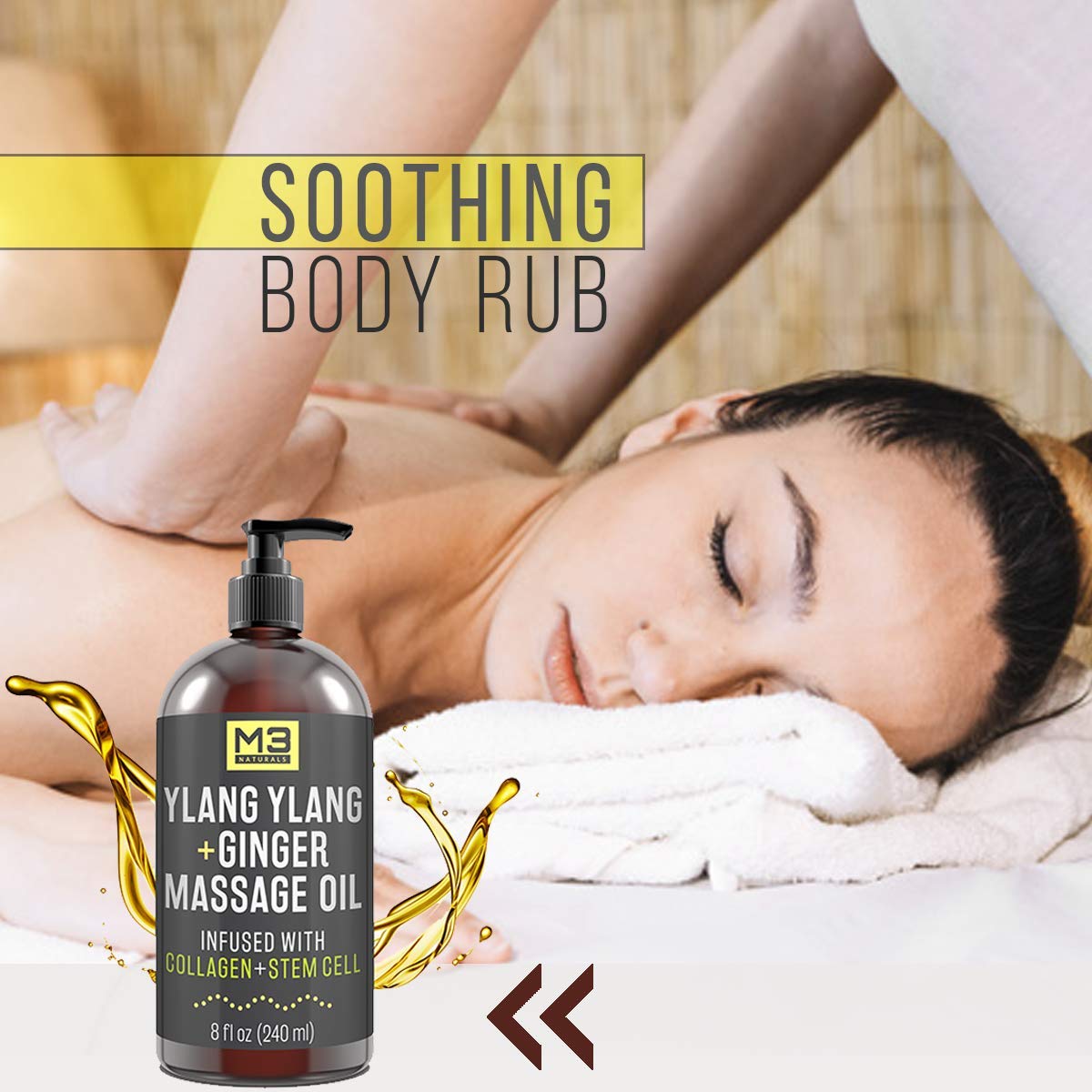 M3 Naturals Ylang Ylang and Ginger Massage Oil Infused with Collagen and Stem Cell - Therapeutic Anti-Cellulite Body Lotion Cream - Essential Oils Deep Tissue Relaxation, Sore Muscle Relief 8 oz : Beauty