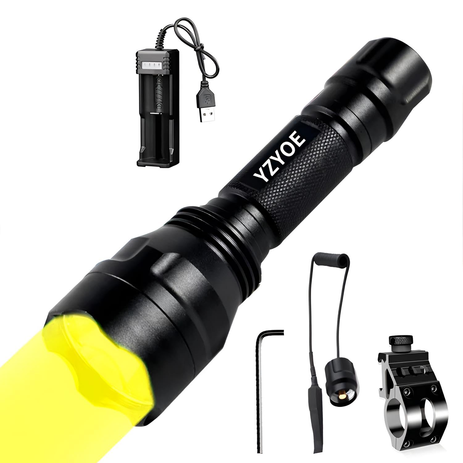 YZYOE Rechargeable Yellow Light Tactical Flashlight，600 Yards Yellow LED Hunting Light kit, Universal Picatinny Rail Mount with Pressure Switch for Long Distance Night Hunt.