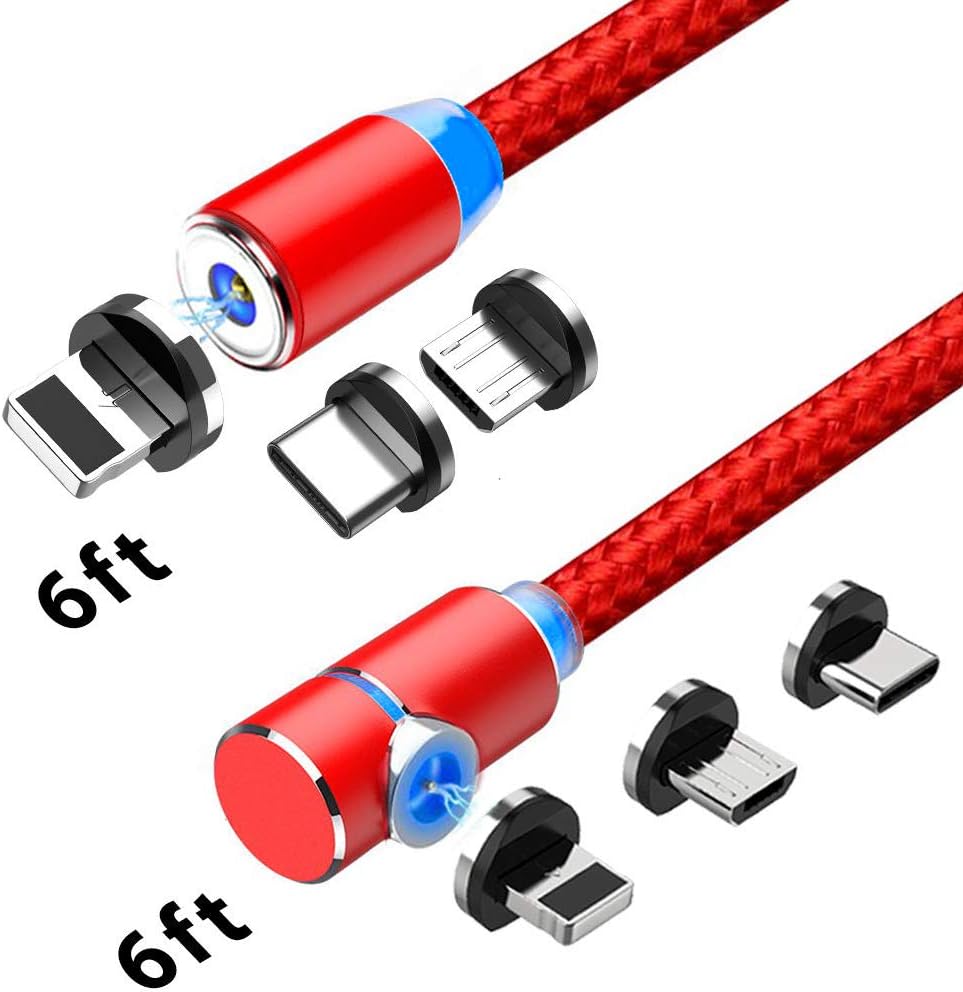 Magnetic Phone Charging Cable, 3 in 1 Cable(2 Packs,6.6 ft Straight Cable, 6.6 ft L Shape Cable) Red