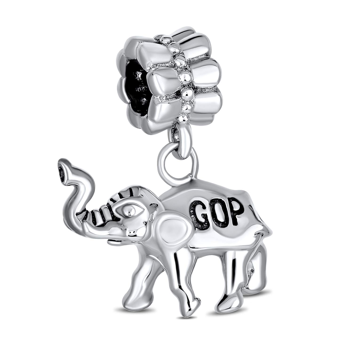 Bling Jewelry USA Patriotic Political Party Republican Elephant Dangle Bead Charm For Women Oxidized .925 Sterling Silver Fits European Bracelet