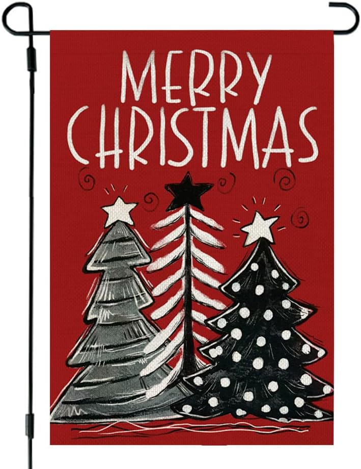 Flags - CROWNED BEAUTY Merry Christmas Trees Garden Flag 12x18 Inch Double Sided for Outside Welcome Small Burlap Festive Holiday Red Yard Flag CF1238-12