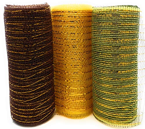 Fall Thanksgiving Decorative 5 Yard Mesh Rolls (Pack of 3) for Crafting Wreaths and Zip Ties for Securing Mesh to Frames (Dark Brown, Gold, Green) - Thumbnail 2