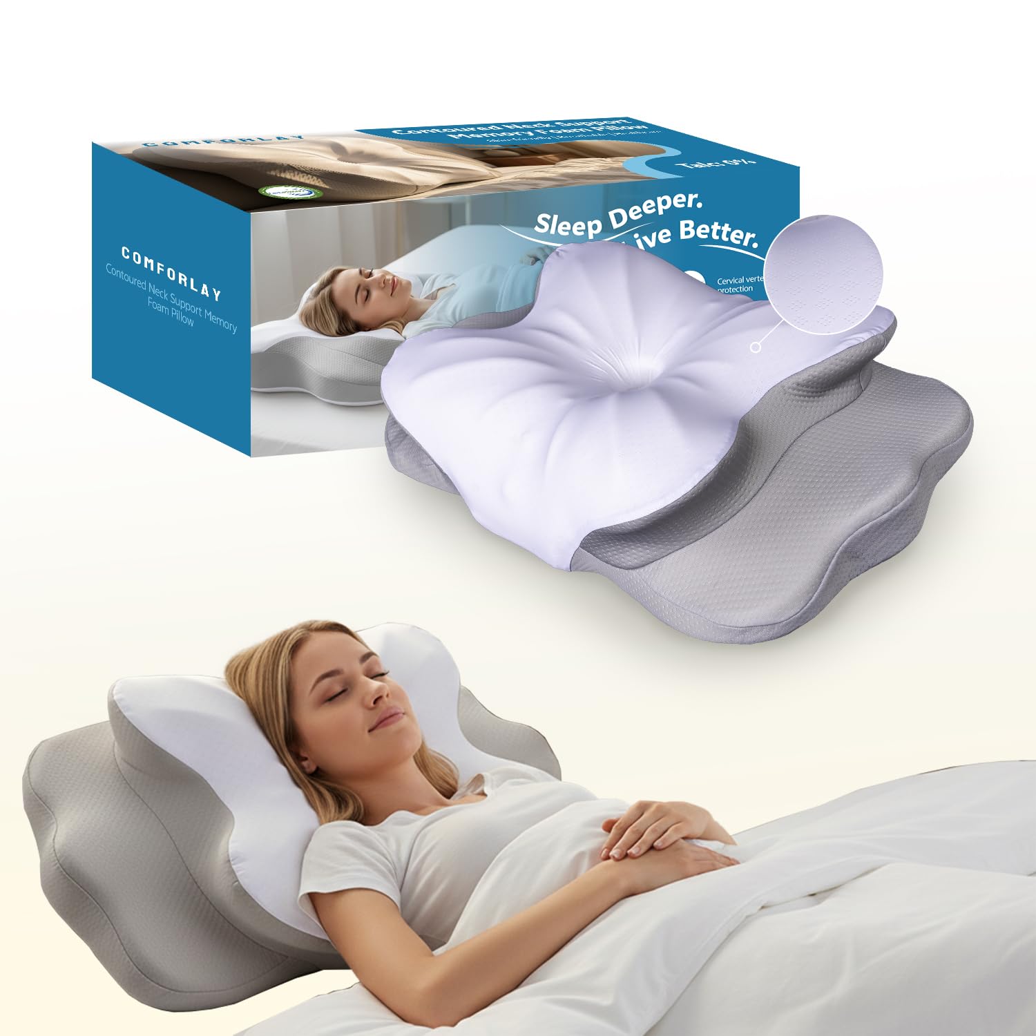 Photo 1 of COMFORLAY Talc-Free Cervical Memory Foam Pillow for Neck and Shoulder, Butterfly-Shaped Ergonomic Breathable Pillow for Side Back Stomach Sleepers with Pillowcase, Skin-Friendly Fabric