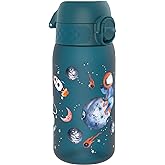 ION8 Small Water Bottle, 350 ml/12 oz, Leak Proof, Easy to Open, Secure Lock, Dishwasher Safe, BPA Free, Carry Handle, Flip Cover, Easy Clean, Odor Free, Carbon Neutral, Deep Teal, Space Travel Design