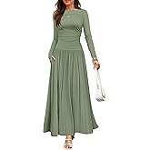 ZESICA Women's Long Sleeve Fall Maxi Dress 2026 Crewneck Knit Casual Slim Swing Pleated Dresses with Pockets