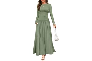 ZESICA Women's Long Sleeve Spring Maxi Dress 2025 Crewneck Knit Casual Slim Swing Pleated Dresses with Pockets