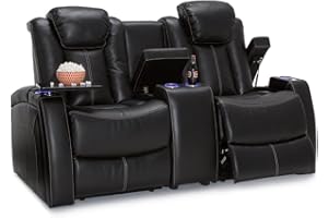 Seatcraft Omega Home Theater Seating - Living Room - Leather Gel - Power Recline - Power Headrests - USB Charging - Lighted Cup Holders - Center Storage Console (Loveseat, Black)