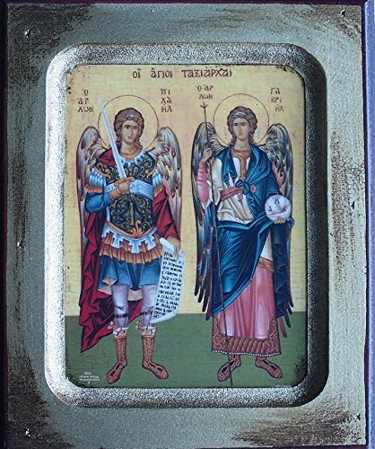 Archangel St Michael and St Gabriel. Angels Wooden Icon. Guardian Angel Protect Me. Hand made Wooden Greek Icon 13cms x 17cms.