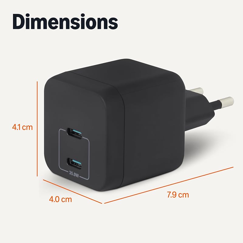 Chargeur Mural USB C Nano GaN à Chargement Rapide, 35W, 2 Ports Pour Tablettes et Téléphones, Noir — photo 5 sur 5