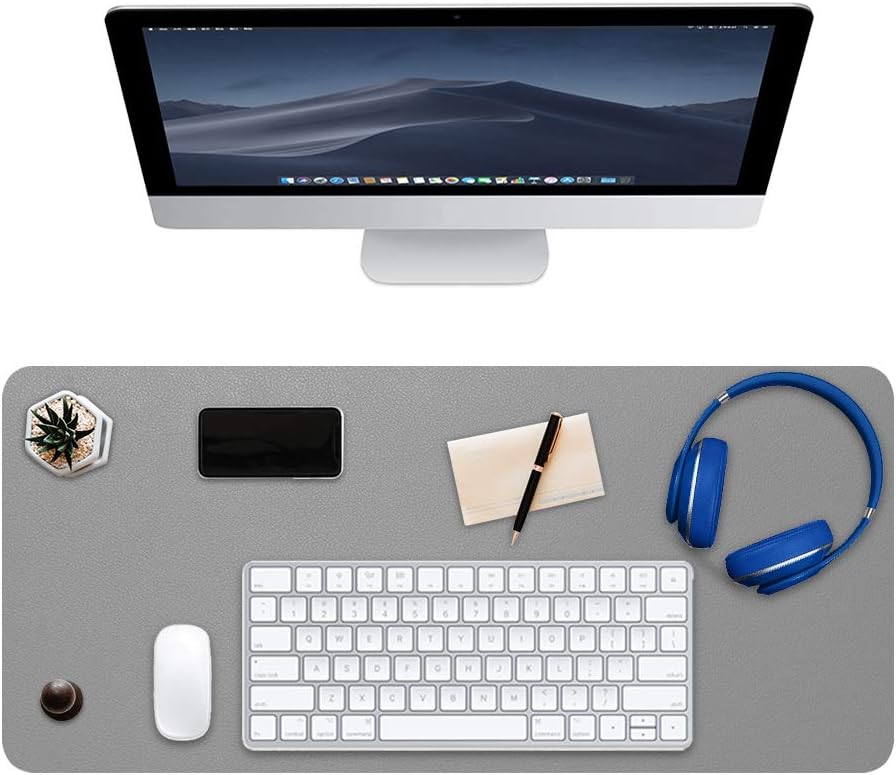 DTWNHAY Desk Pad, Office Desk Pad, 31.5 x 15.75 inches, Double Side Water Resistant Non-Slip PU Leather Desk Mat Protector for Computer, Laptop, Keyboard and Mouse (Grey + Silver)