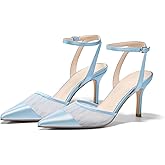 Coutgo Womens Closed Toe High Heels Mesh Satin Pointed Toe Dress Shoes Ankle Strap Pacthwork Wedding Pump Shoes