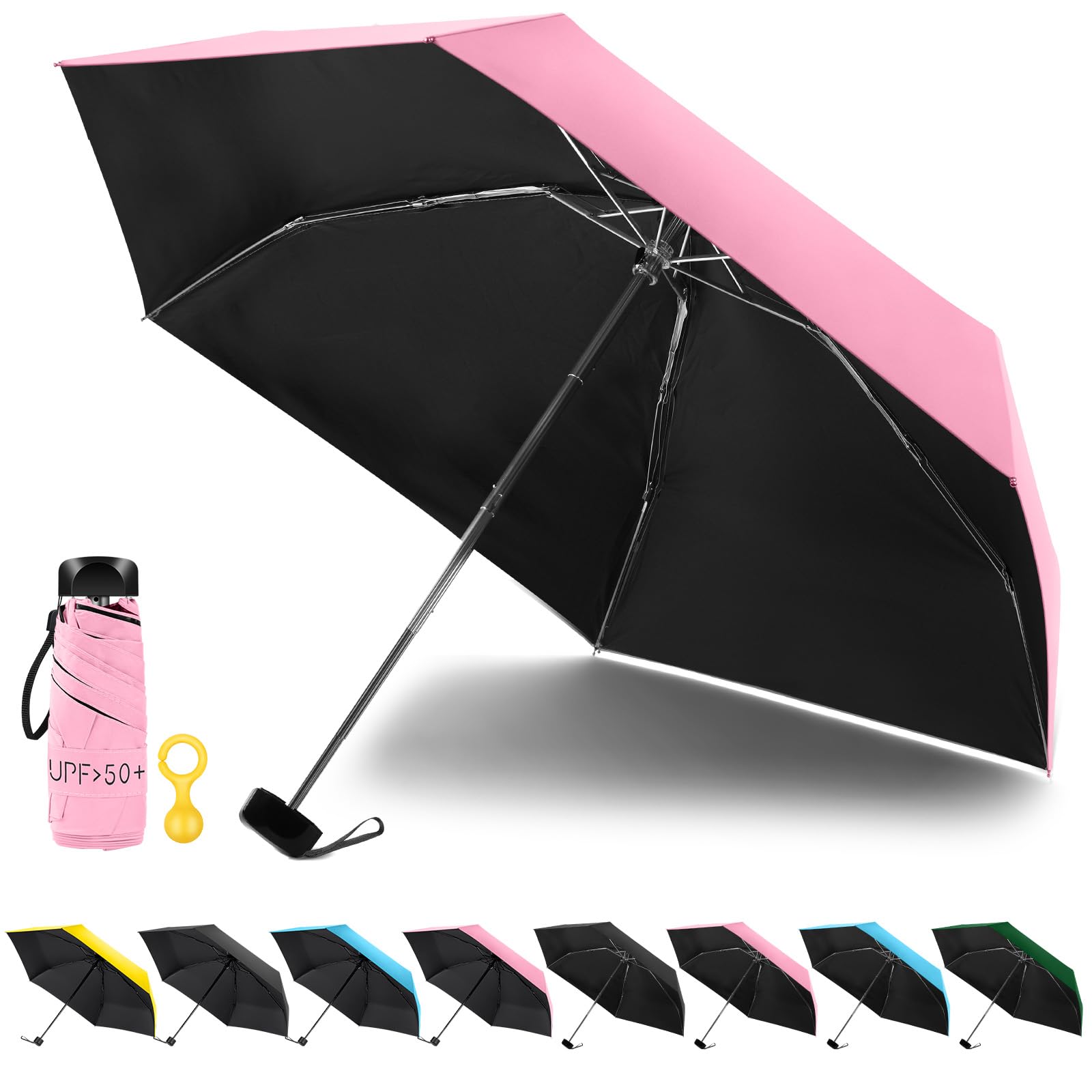Vicloon Folding Umbrella, Mini Sun Umbrella, Portable Travel with Upgraded Skeleton Design, 210T Black Rubber Fabric, Anti-Wind Opening and Closing for Men and Women