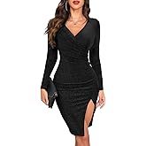 oten Women's Sparkly Deep V Neck Long Sleeve Ruched Bodycon Slit Cocktail Party Club Night Out Slim Fit Glitter Dresses