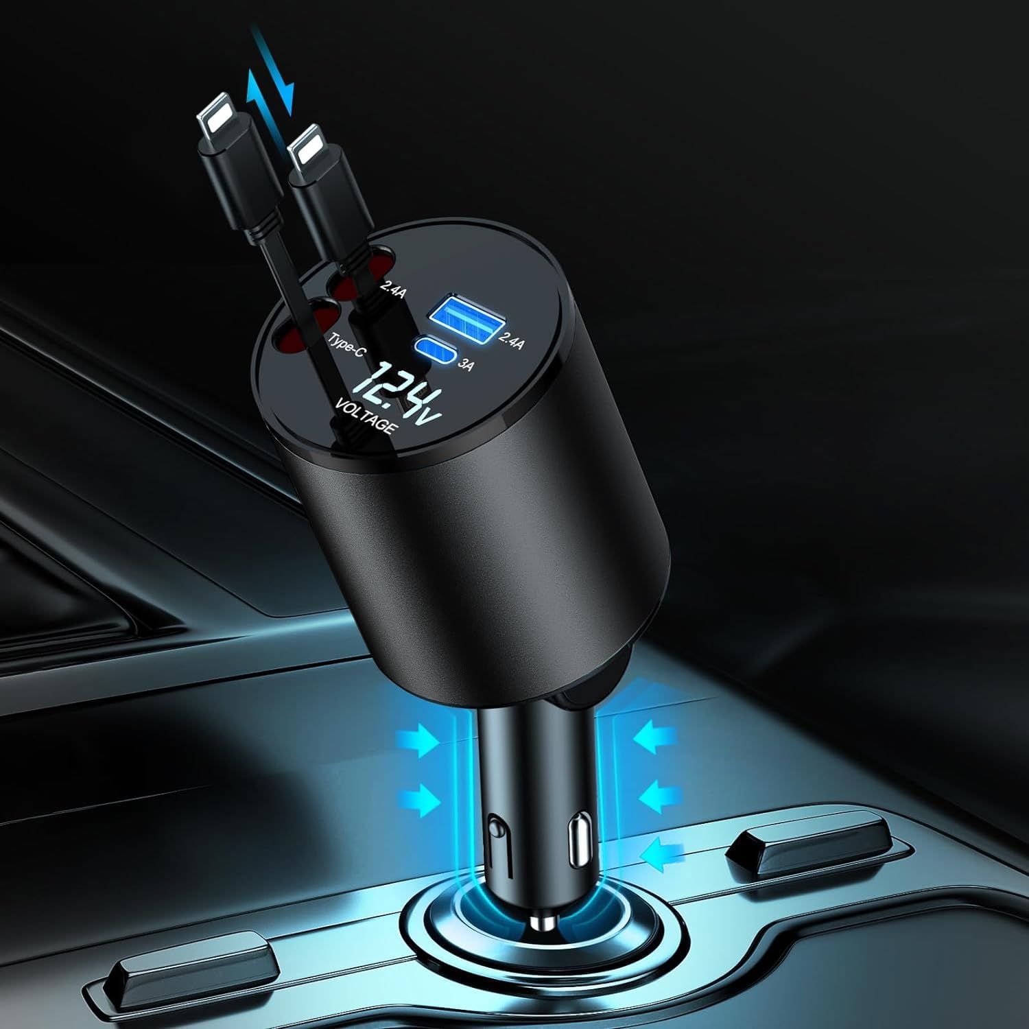 Photo 1 of Retractable Car Charger, 4 in 1 Super Fast 60W, 2 Retractable Cables & 2 USB Ports, Compatible with iPhone 11-16, AirPods 4, Galaxy, Pixel