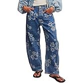 Women Barrel Jeans Casual Wide Leg Baggy Daisy Printed Pants Y2k Boyfriend Mid Rise Denim Ankle Pants