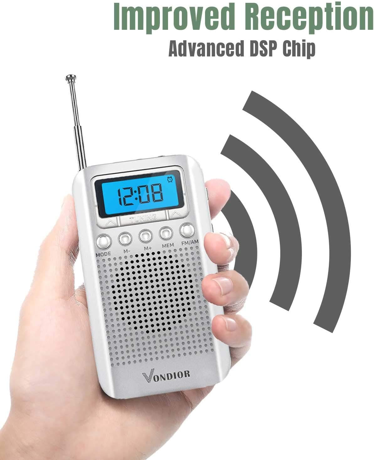 Digital AM FM Portable Pocket Radio with Alarm Clock- Best Reception and Longest Lasting. AM FM Compact Radio Player Operated by 2 AAA Battery, Stereo Headphone Socket (Silver), by Vondior: Electronics