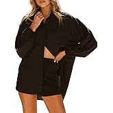 theYoChao Womens Long Sleeve Linen Button Down Shirts Oversized Collared Blouses Balloon Sleeve Tunic Tops with Pockets
