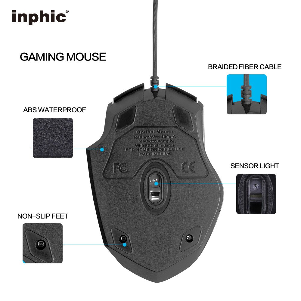 inphic Wired Computer Mouse Black Large USB Desktop Game Mice for Mac,DELL,HP PC/Laptop with Windows/XP Vista/, 6 Buttons 4 Adjustable DPI Levels, Breathing LED Light