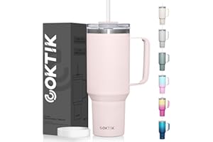 COKTIK 40 oz Tumbler With Handle and Straw Lid, 2-in-1 Lid (Straw/Flip), Vacuum Insulated Travel Mug Stainless Steel Tumbler for Hot and Cold Beverages,Easy to Clean (Rose Quartz)